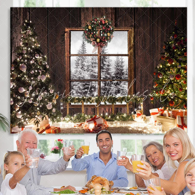Lofaris Glitter And Snpwy Christmas Trees With Balls Backdrop