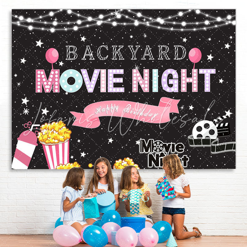 Lofaris Glitter Backyard Movie Night Happy Birthday Backdrop