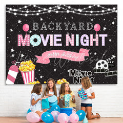 Lofaris Glitter Backyard Movie Night Happy Birthday Backdrop