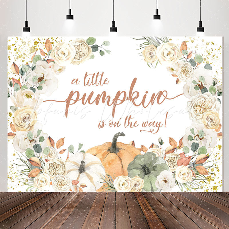 Lofaris Glitter Beige Floral Punpkin Baby Shower Backdrop