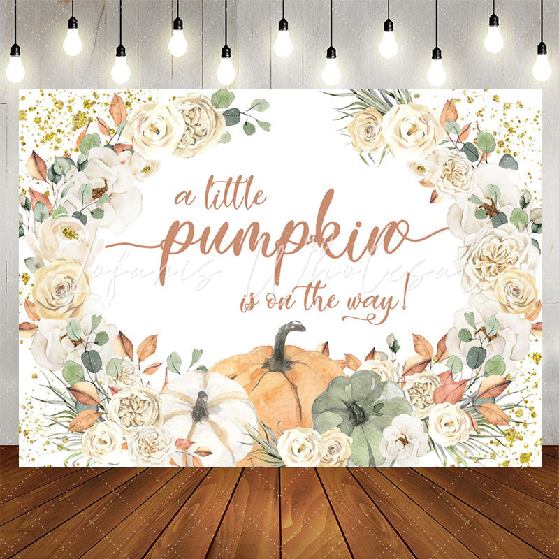 Lofaris Glitter Beige Floral Punpkin Baby Shower Backdrop
