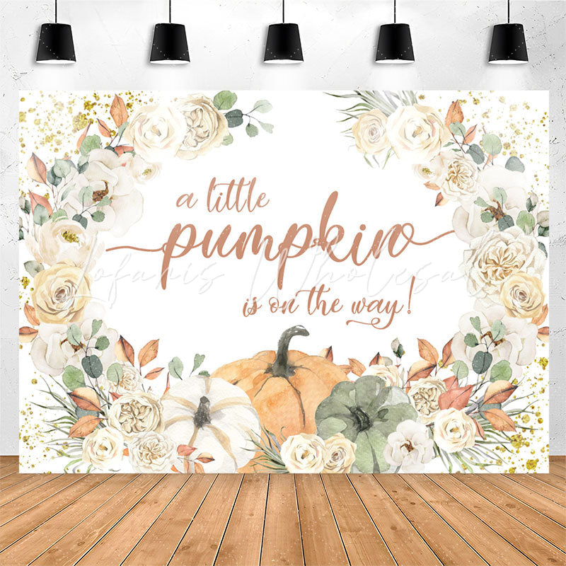 Lofaris Glitter Beige Floral Punpkin Baby Shower Backdrop