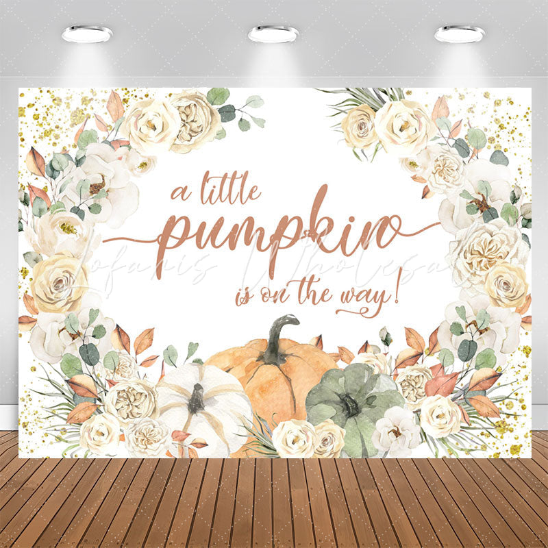 Lofaris Glitter Beige Floral Punpkin Baby Shower Backdrop