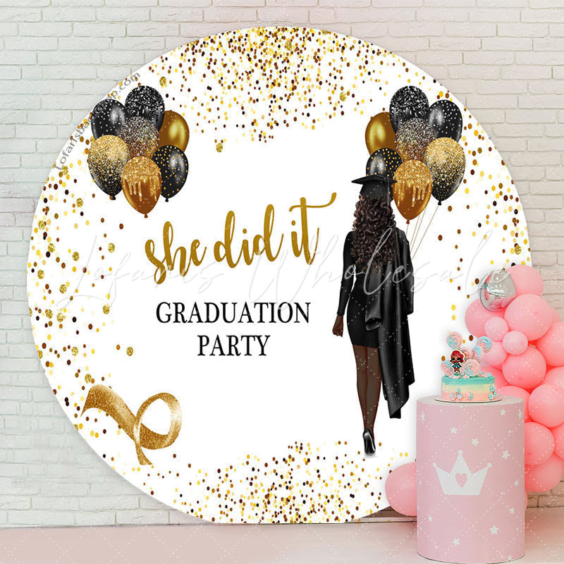 Lofaris Glitter Black Gold She Did It Grad Round Backdrop