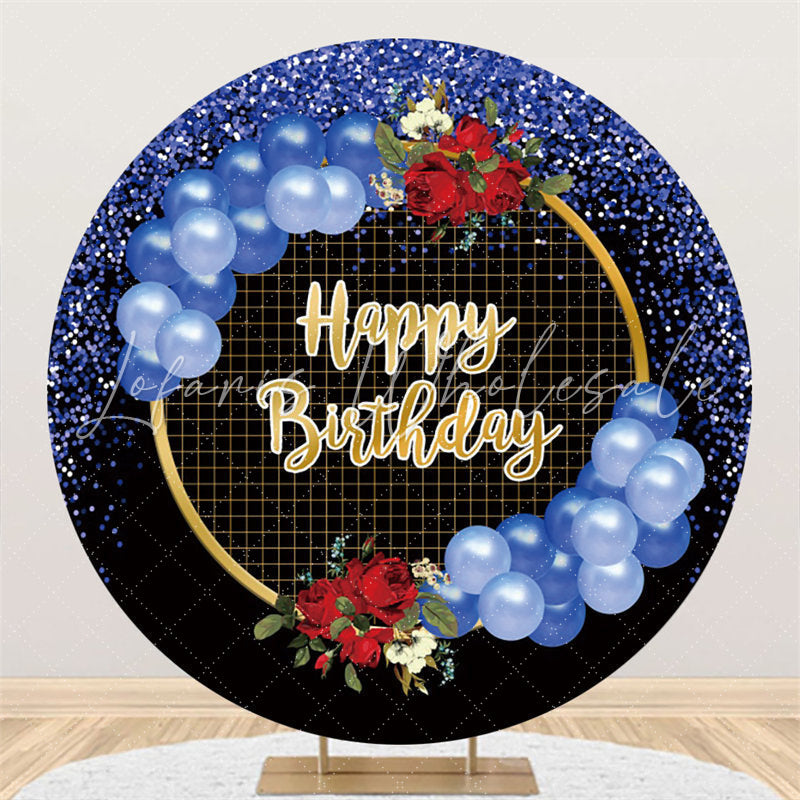 Lofaris Glitter Blue Balloons Black Birthday Circle Backdrop