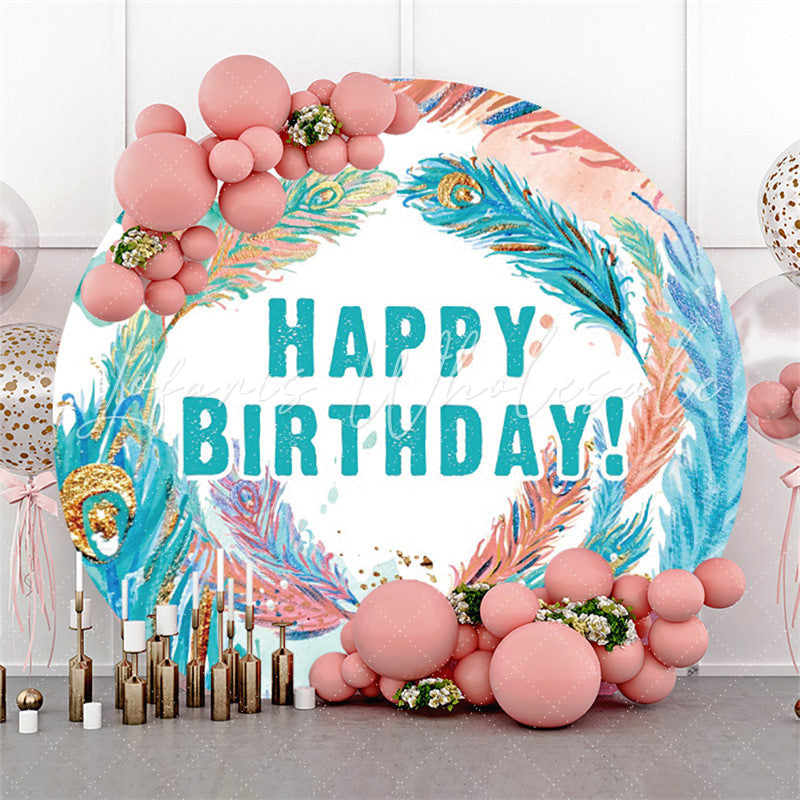 Lofaris Glitter Blue Feather Happy Birthday Round Backdrop