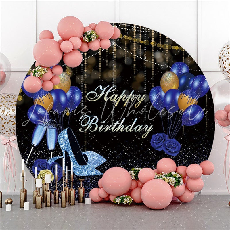 Lofaris Glitter Blue Gold Balloon Circle Happy Birthday Backdrop