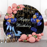 Lofaris Glitter Blue Gold Balloon Circle Happy Birthday Backdrop
