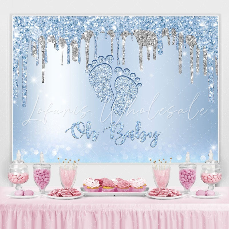 Lofaris Glitter Blue Little Feet Backdrop Baby Shower for Boy