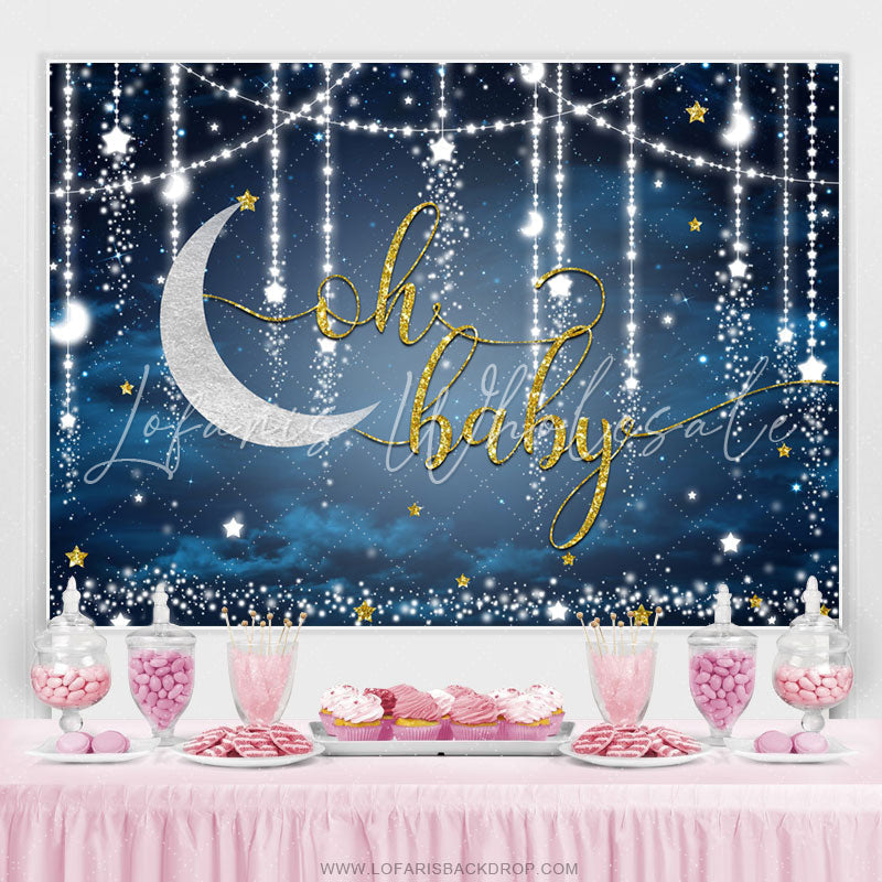 Lofaris Glitter Blue Moon And Stars Themed Baby Shower Backdrop