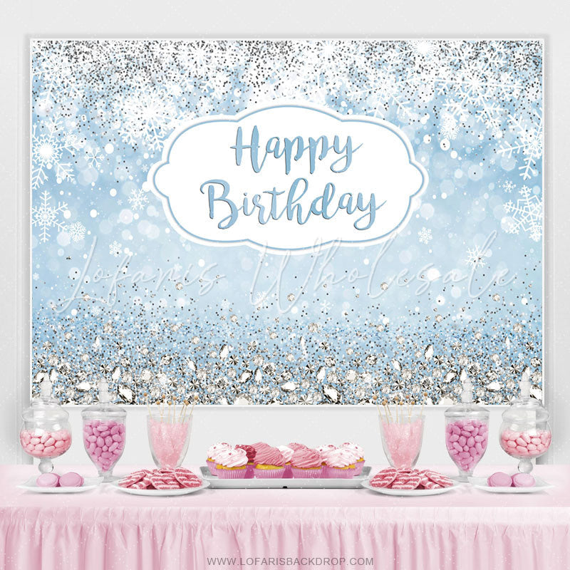 Lofaris Glitter Blue Snowflake Happy Birthday Backdrop For Boy