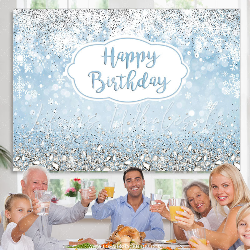Lofaris Glitter Blue Snowflake Happy Birthday Backdrop For Boy