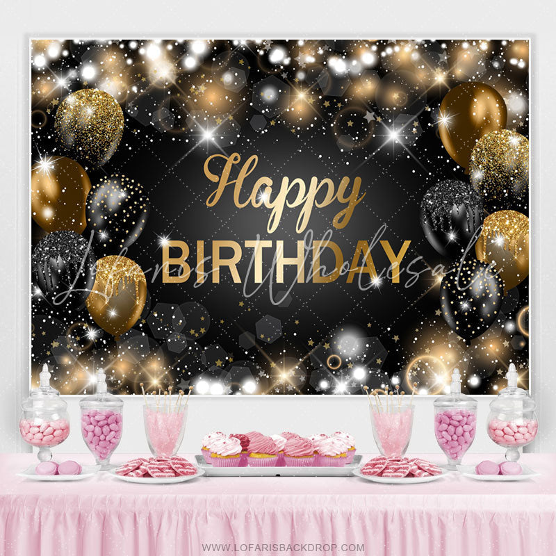 Lofaris Glitter Bokeh Black Gold Balloon Happy Birthday Backdrop