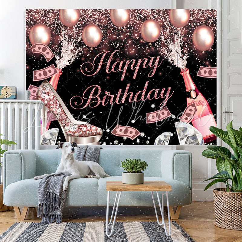 Lofaris Glitter Bokeh Champagne And Balloon Birthday Backdrop
