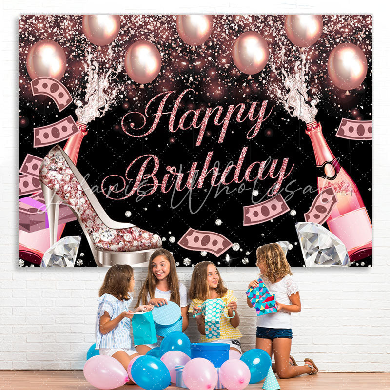 Lofaris Glitter Bokeh Champagne And Balloon Birthday Backdrop
