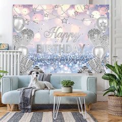 Lofaris Glitter Bokeh Silver Star Balloons Birthday Backdrop