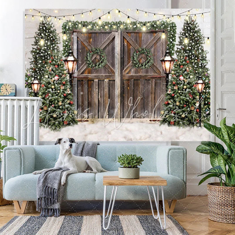 Lofaris Glitter Christmas Trees With Street Lamps Backdrop