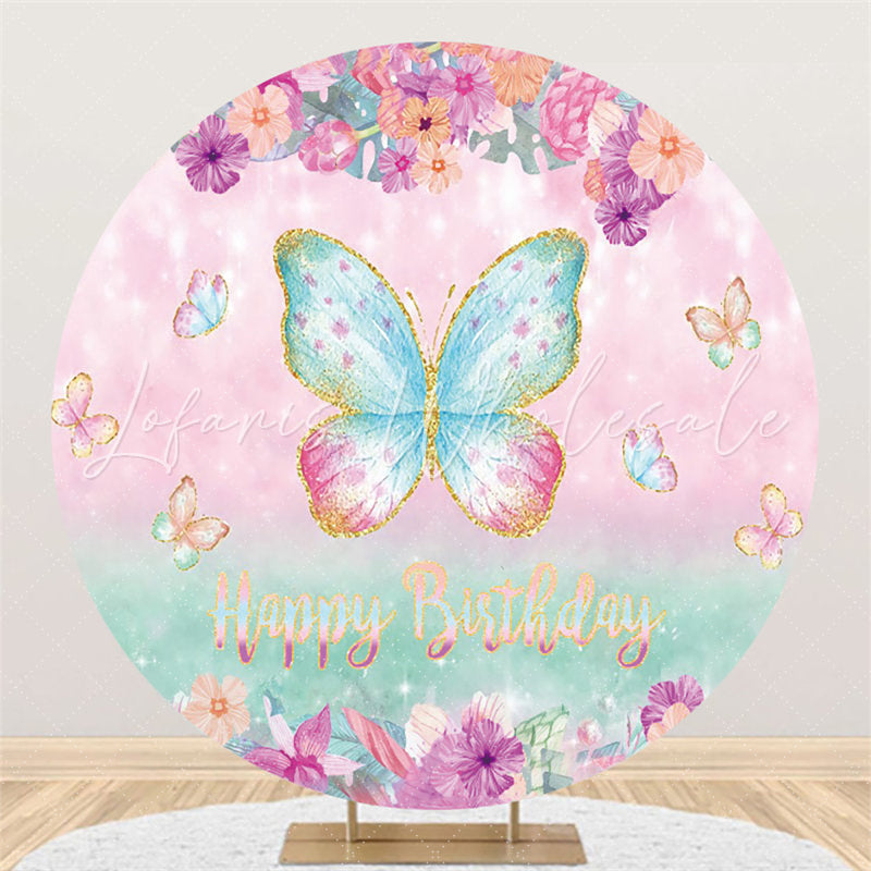 Lofaris Glitter Cute Butterfly Happy Birthday Round Backdrop