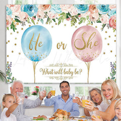 Lofaris Glitter Floral Balloon Baby Gender Reveal Backdrop