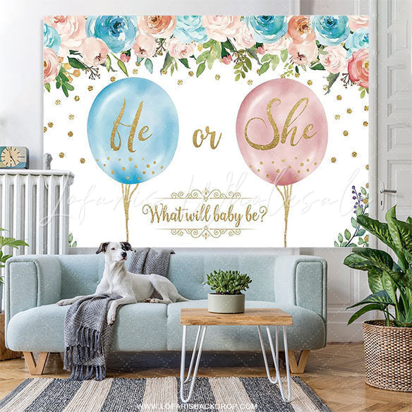 Lofaris Glitter Floral Balloon Baby Gender Reveal Backdrop
