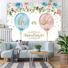 Lofaris Glitter Floral Balloon Baby Gender Reveal Backdrop