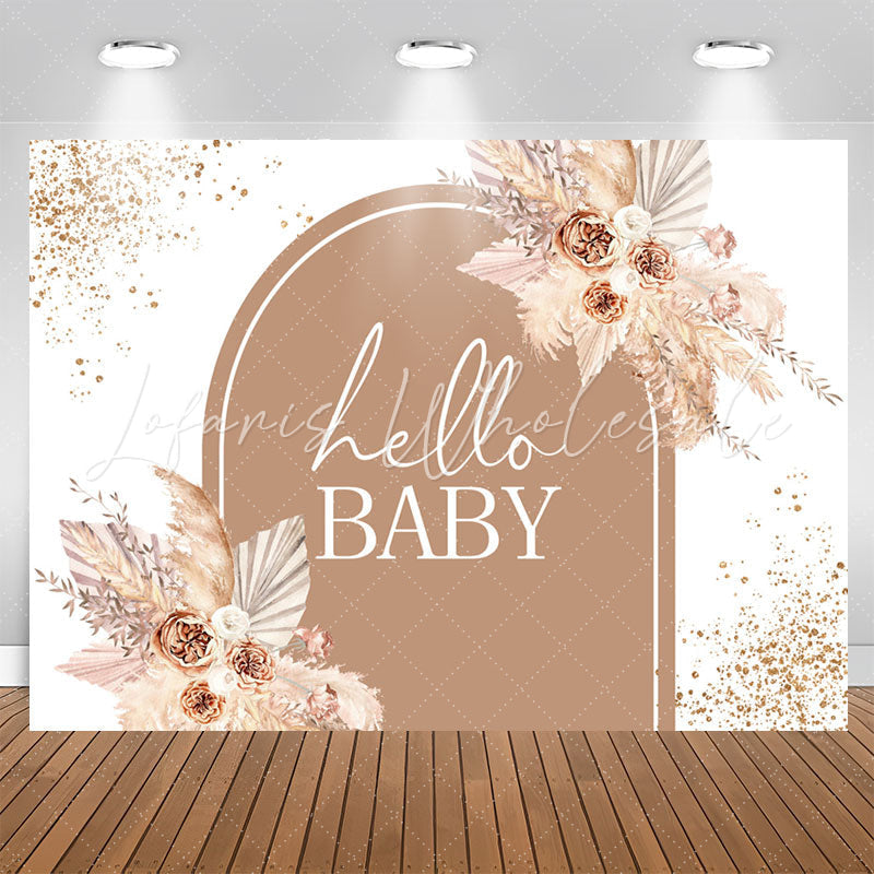 Lofaris Glitter Floral Brown Hello Baby Shower Party Backdrop