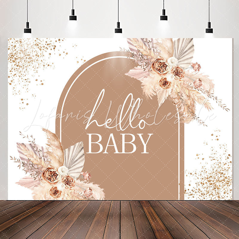 Lofaris Glitter Floral Brown Hello Baby Shower Party Backdrop