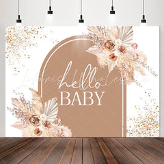 Lofaris Glitter Floral Brown Hello Baby Shower Party Backdrop
