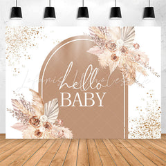 Lofaris Glitter Floral Brown Hello Baby Shower Party Backdrop