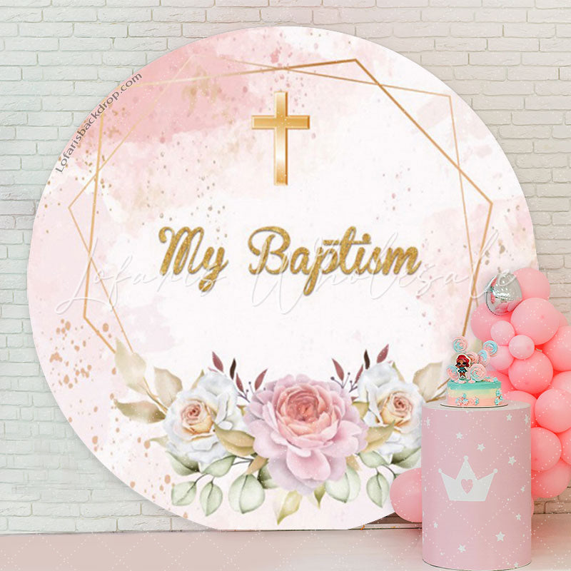 Lofaris Glitter Floral Cross My Baptism Round Backdrop Cover