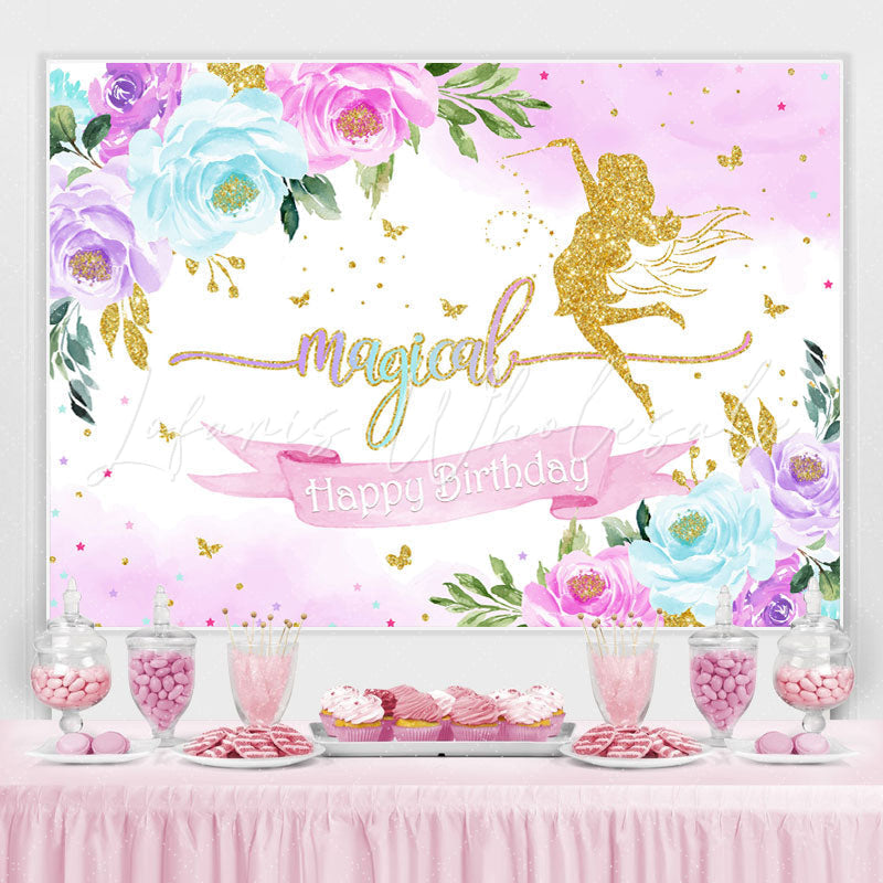 Lofaris Glitter Floral Magical Fairy Happy Birthday Backdrop