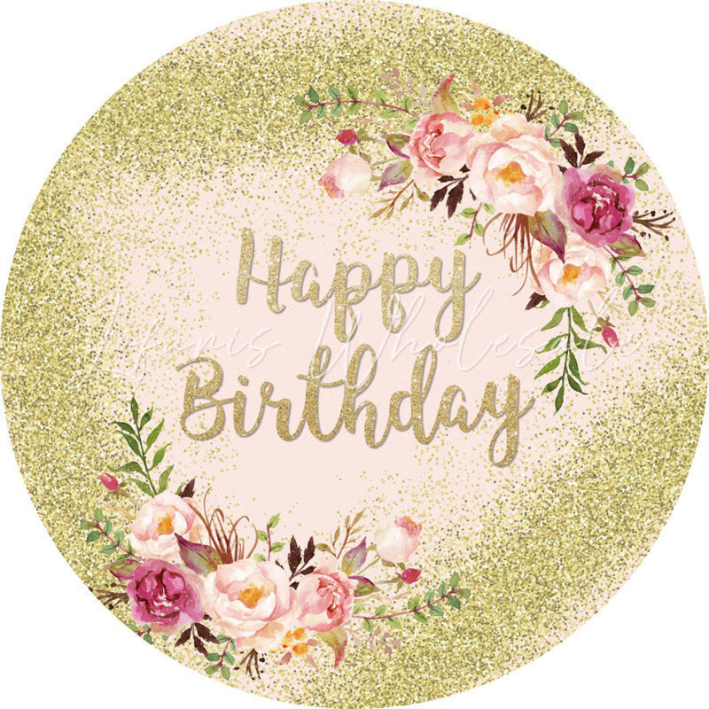 Lofaris Glitter Gold And Pink Floral Birthday Circle Backdrop