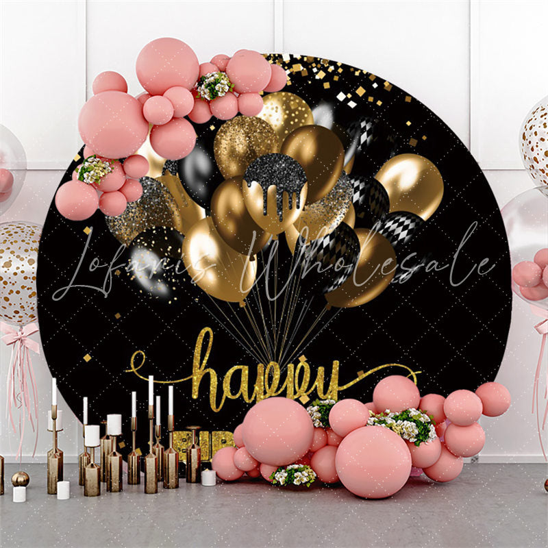 Lofaris Glitter Gold Black Balloons Birthday Circle Backdrop