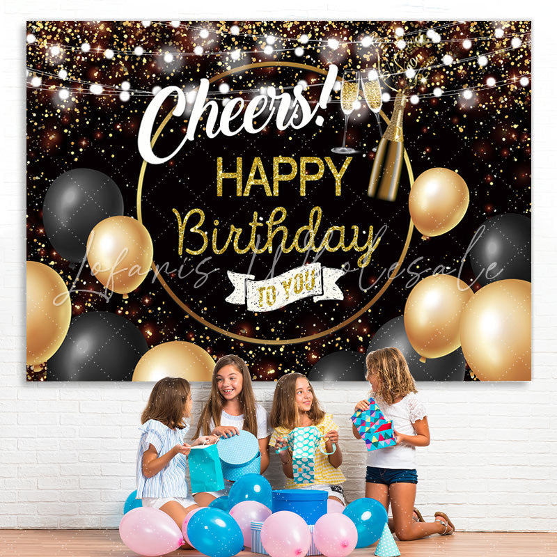 Lofaris Glitter Golden And Black Cheers Happy Birthday Backdrop