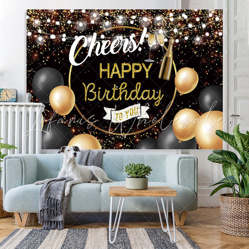 Lofaris Glitter Golden And Black Cheers Happy Birthday Backdrop