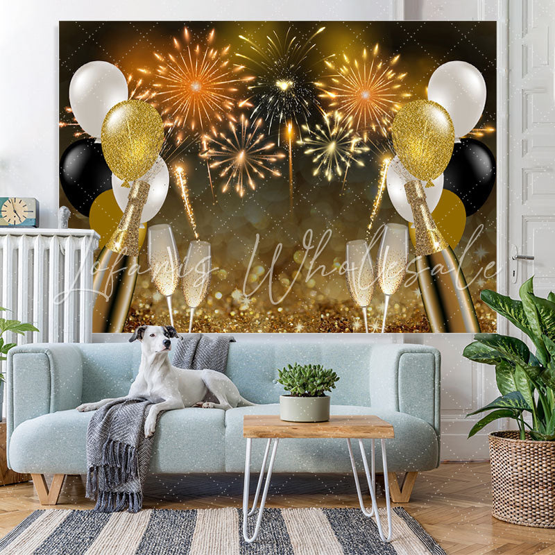 Lofaris Glitter Golden Balloons And Fireworks Bokeh Backdrop
