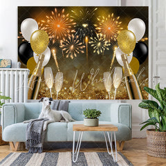 Lofaris Glitter Golden Balloons And Fireworks Bokeh Backdrop