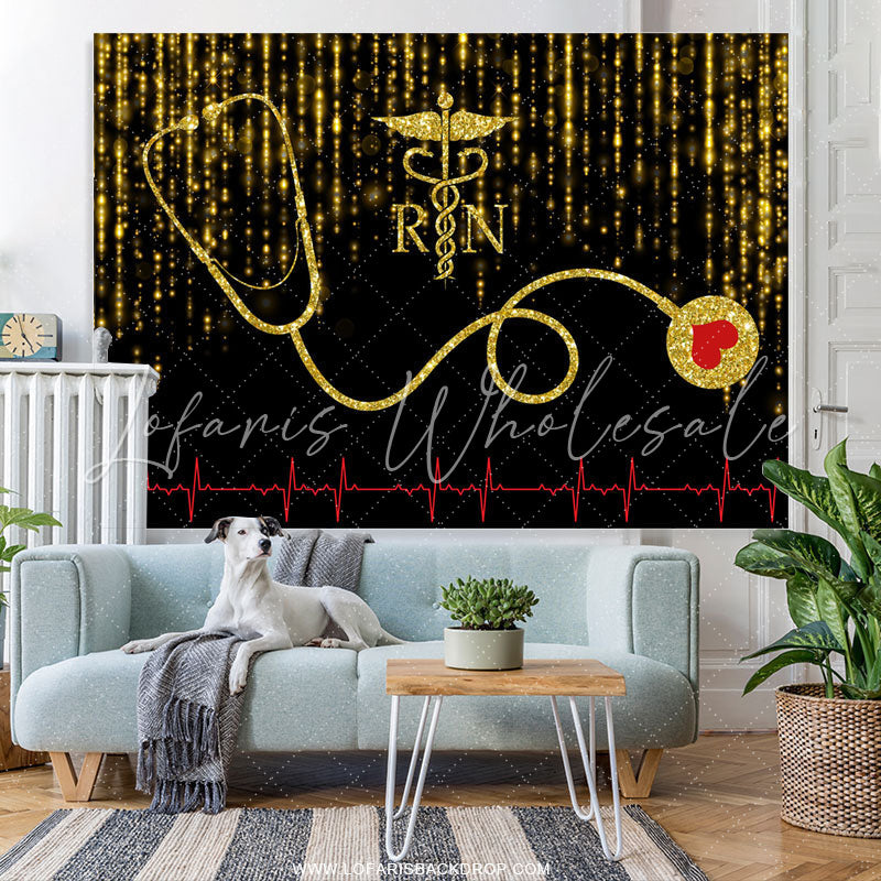 Lofaris Glitter Golden Black Bokeh Stethoscope Themed Backdrop