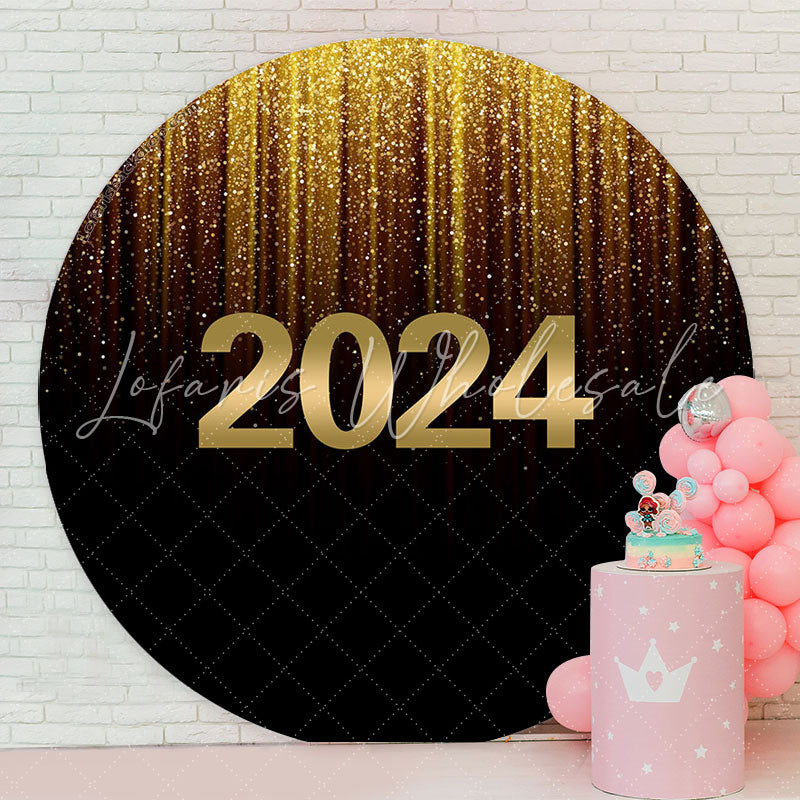 Lofaris Glitter Golden Black Happy New Year Circle Backdrop