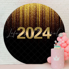 Lofaris Glitter Golden Black Happy New Year Circle Backdrop