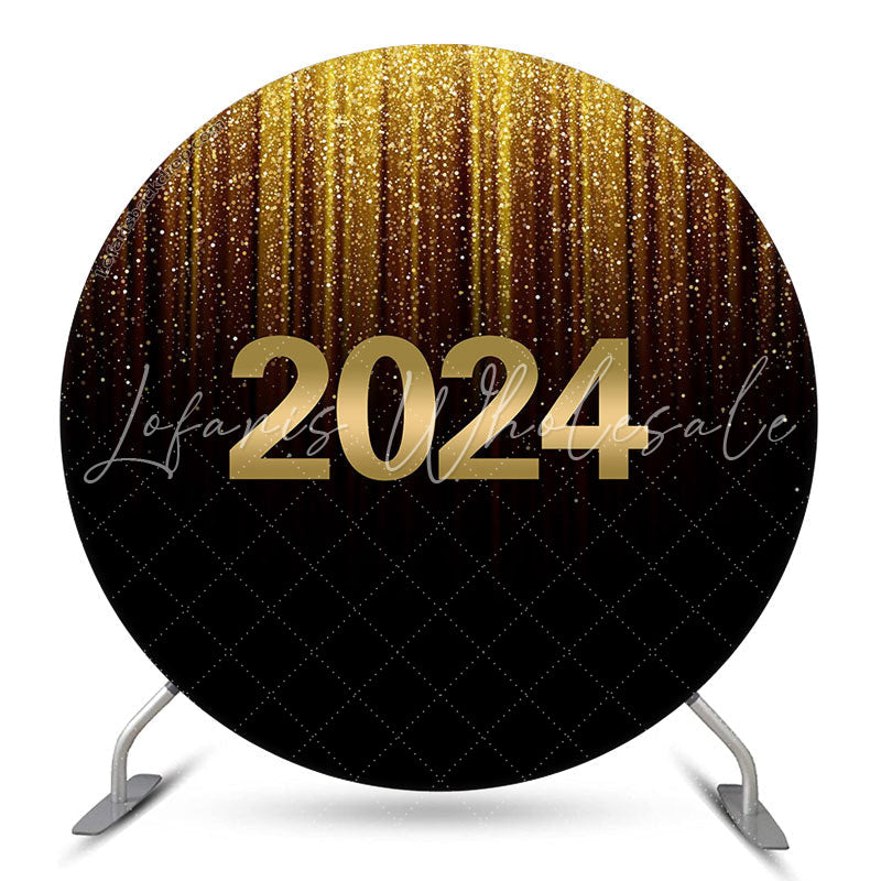 Lofaris Glitter Golden Black Happy New Year Circle Backdrop