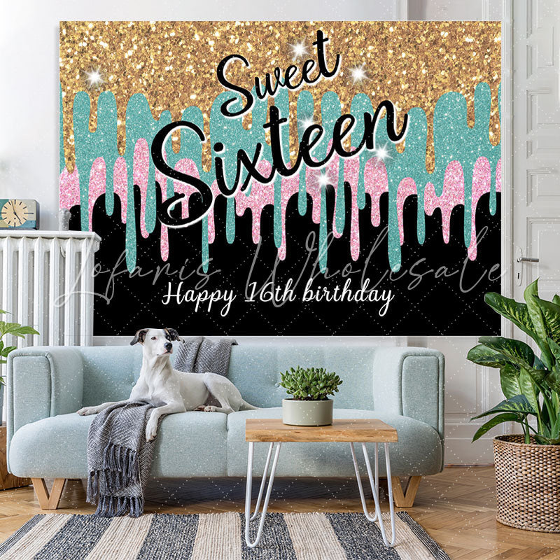 Lofaris Glitter Golden Blue Pink Sweet 16 Birthday Backdrop