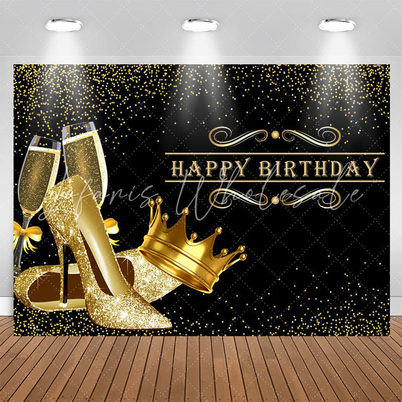 Lofaris Glitter Golden Heels Crown Black Birthday Backdrop