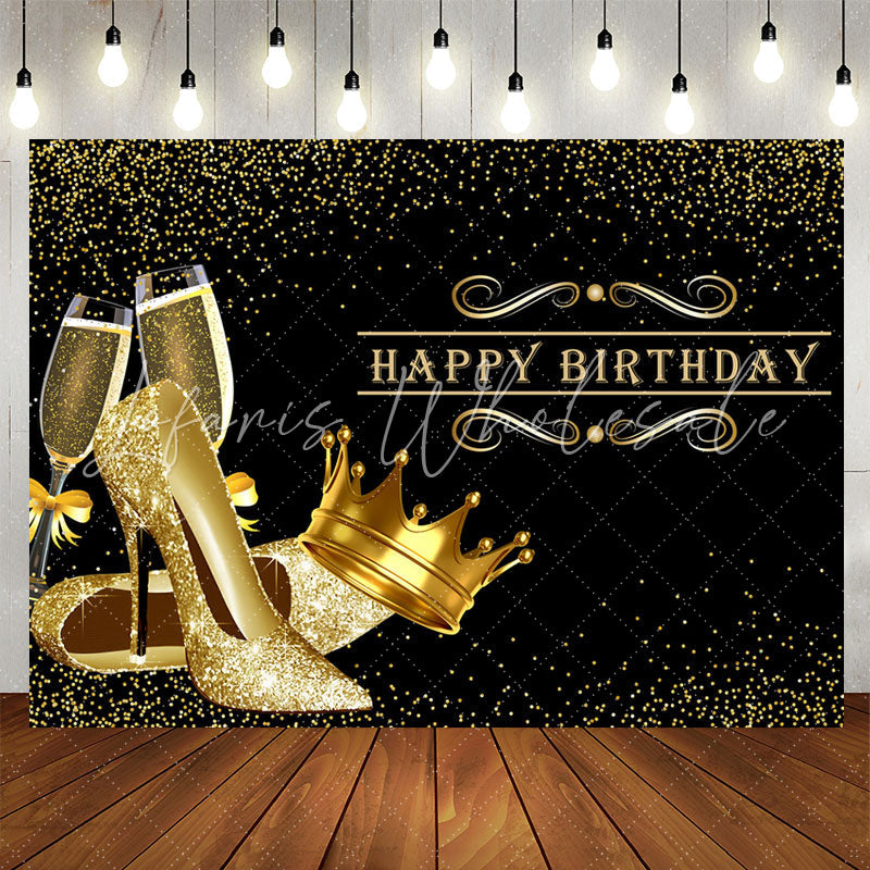 Lofaris Glitter Golden Heels Crown Black Birthday Backdrop