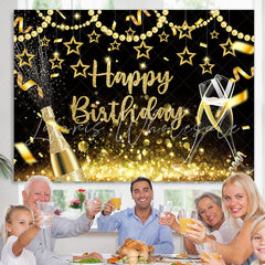 Lofaris Glitter Golden Pearl Stars Happy Birthday Backdrop