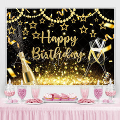 Lofaris Glitter Golden Pearl Stars Happy Birthday Backdrop