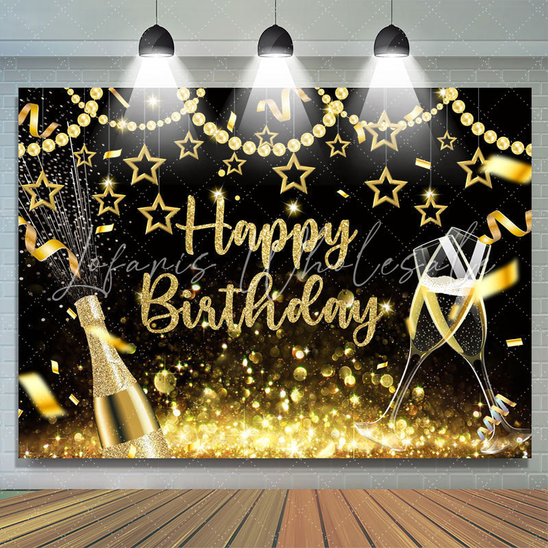 Lofaris Glitter Golden Pearl Stars Happy Birthday Backdrop