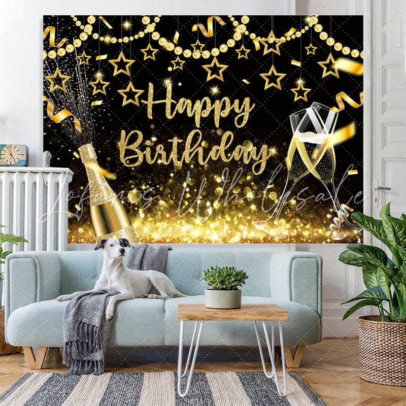 Lofaris Glitter Golden Pearl Stars Happy Birthday Backdrop