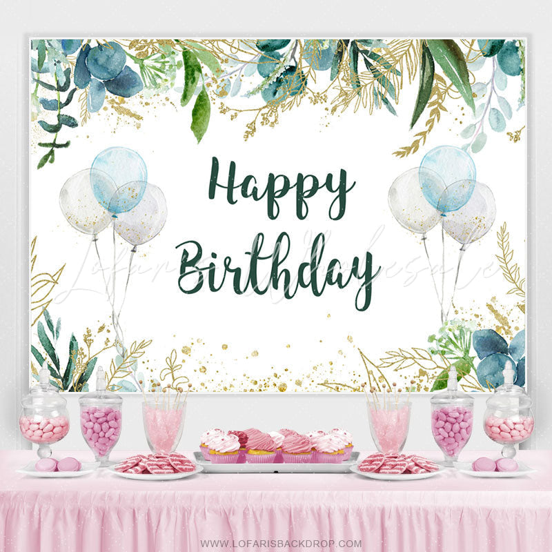 Lofaris Glitter Green Leaves And Balloons Birthday Backdrop