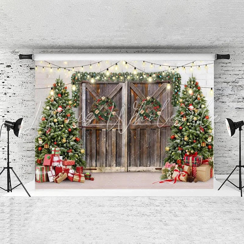 Lofaris Glitter Light Wooden Door And Tree Christmas Backdrop